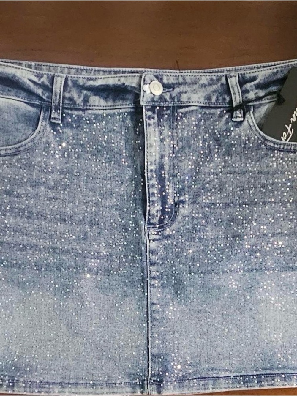 Denim Rhinestone Sparkle Mini Skirt - Blue